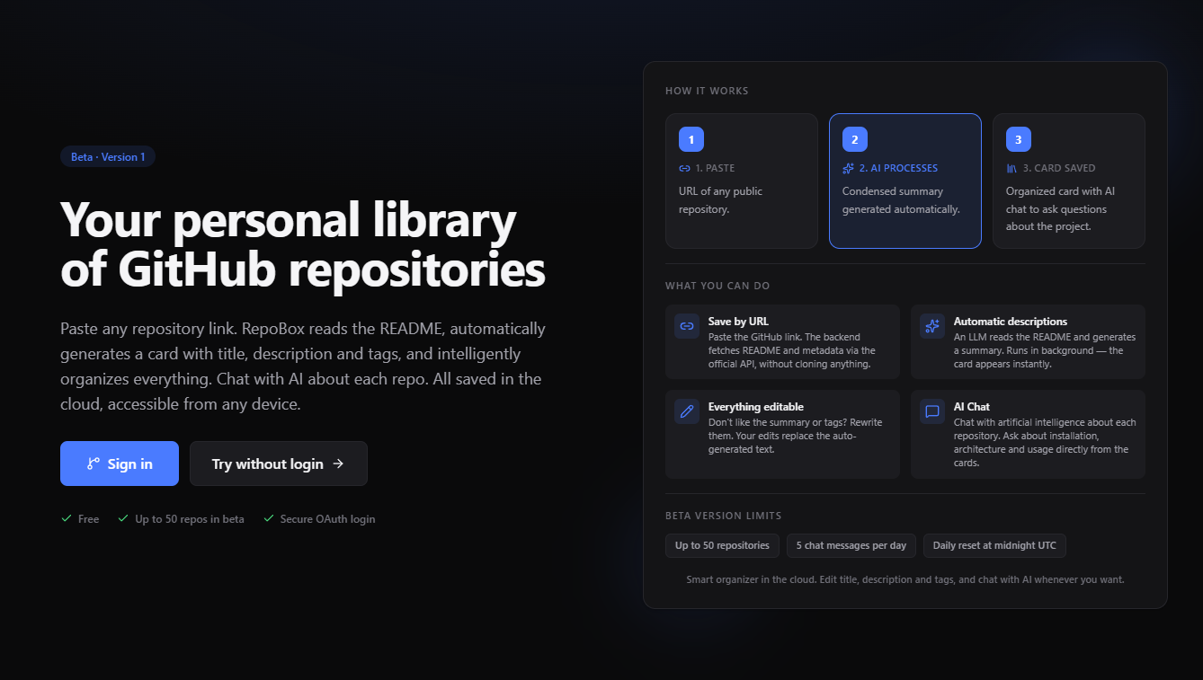 RepoBox — GitHub repository organizer with AI summaries and chat